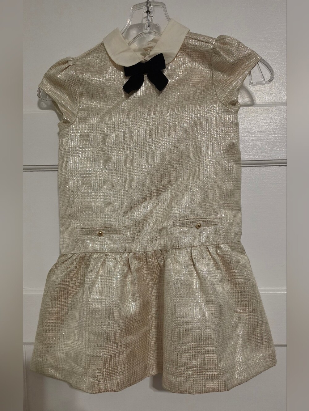Janie and Jack Cream Shimmer Party Dress with Black Bow
